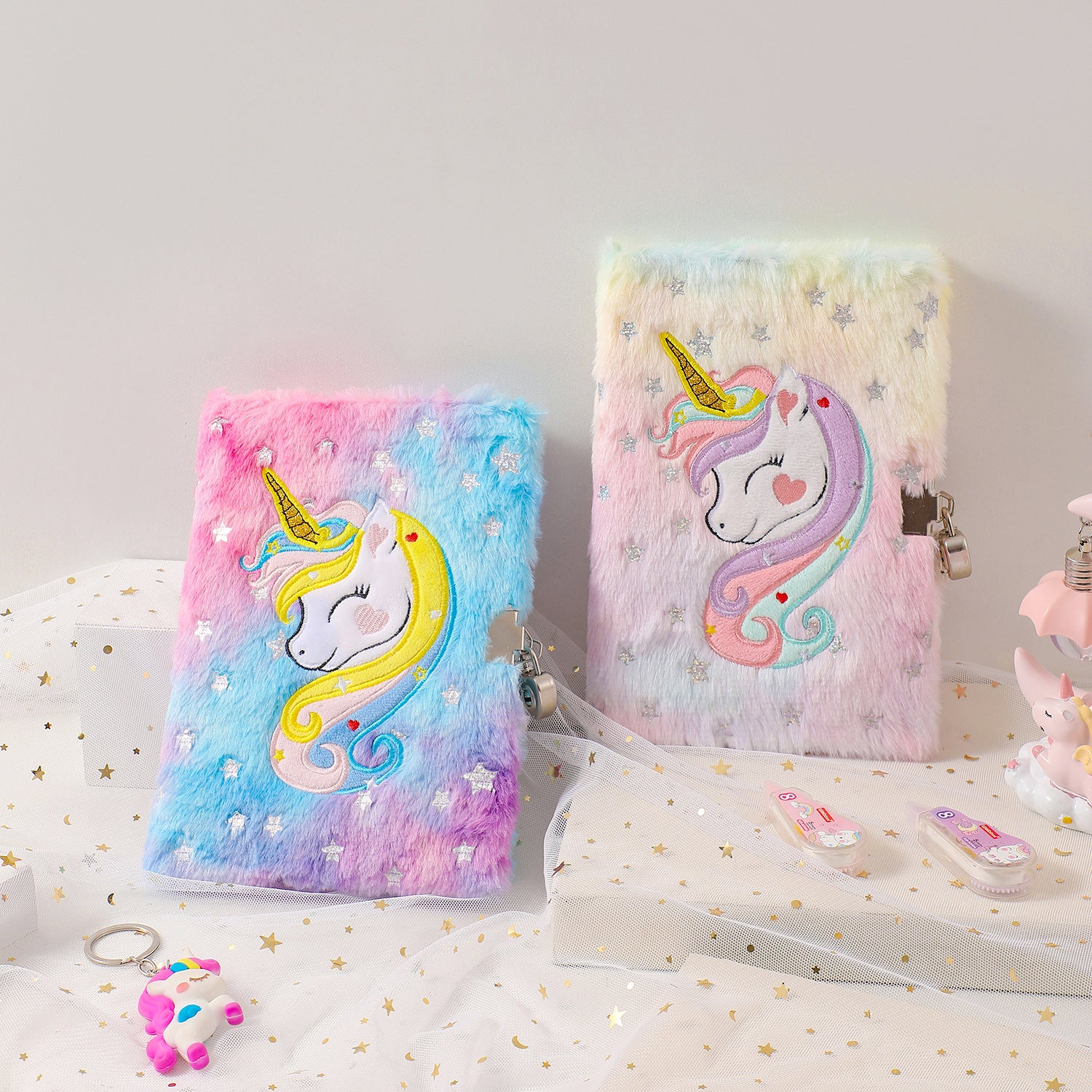 Wholesale Silver-stamped unicorn plush tie-dye notebook with lock