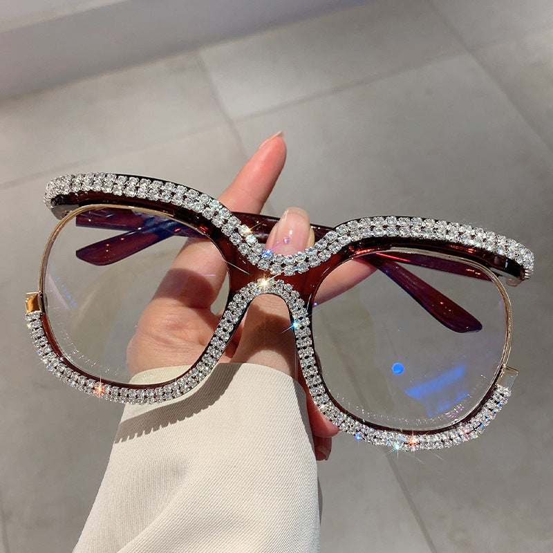 Wholesale Owl Large Frame Plain Mirror Double Row Diamond Frame Glasses