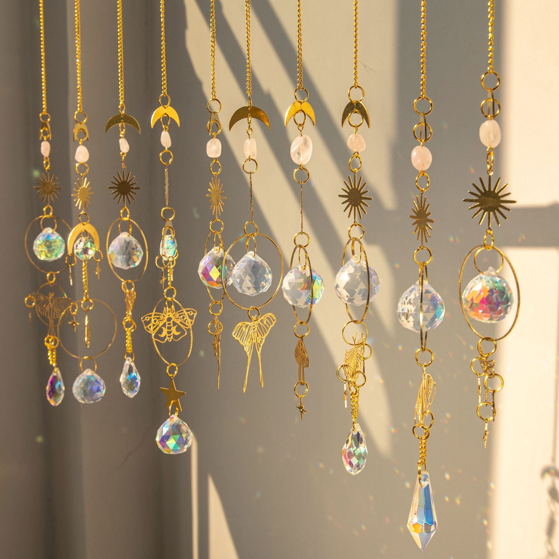 Wholesale Suncatcher Brass Butterfly Raw Stone Crystal Wind Chime Decoration