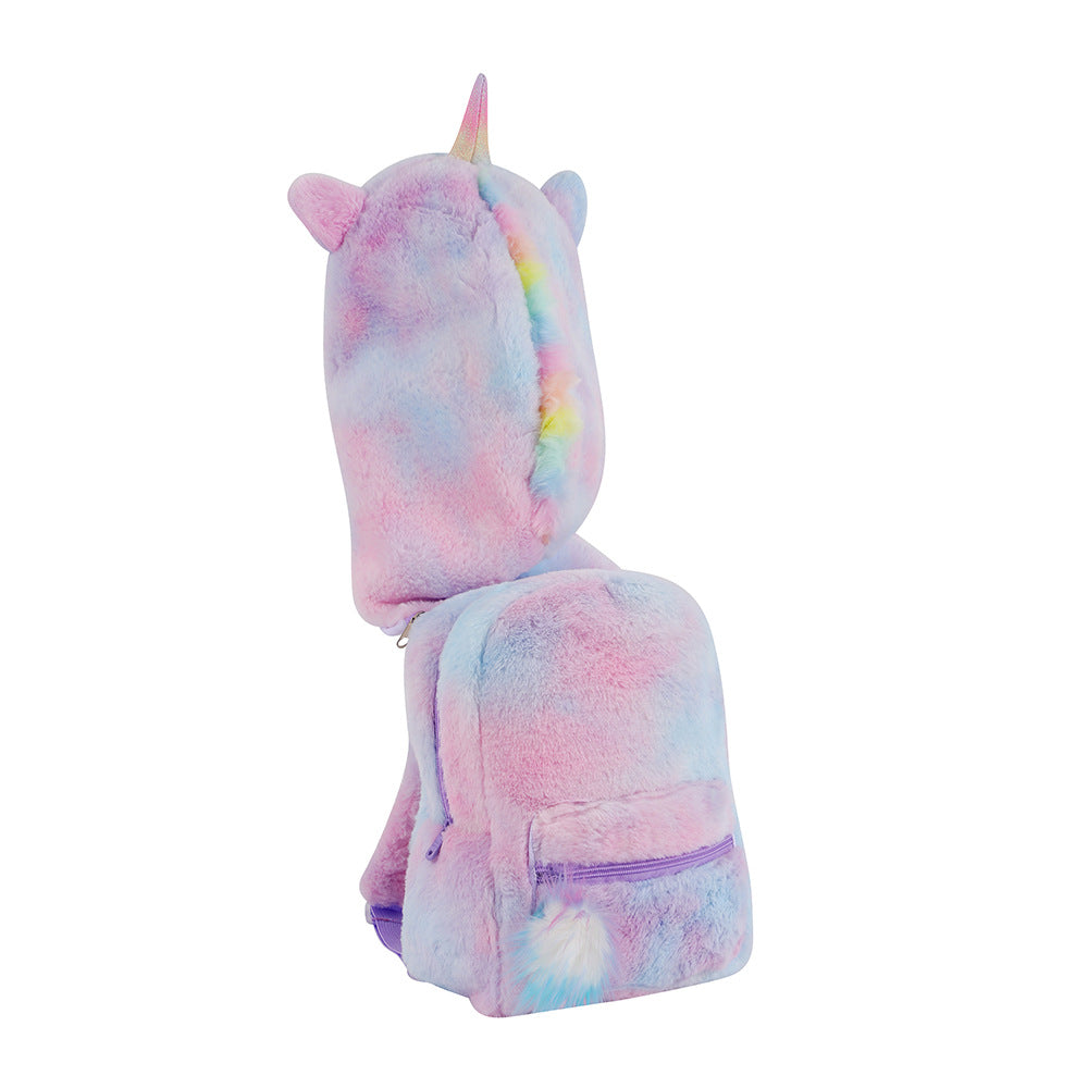 Wholesale Children's Cartoon Unicorn Hooded Plush Pointy Corners Cute Backpack