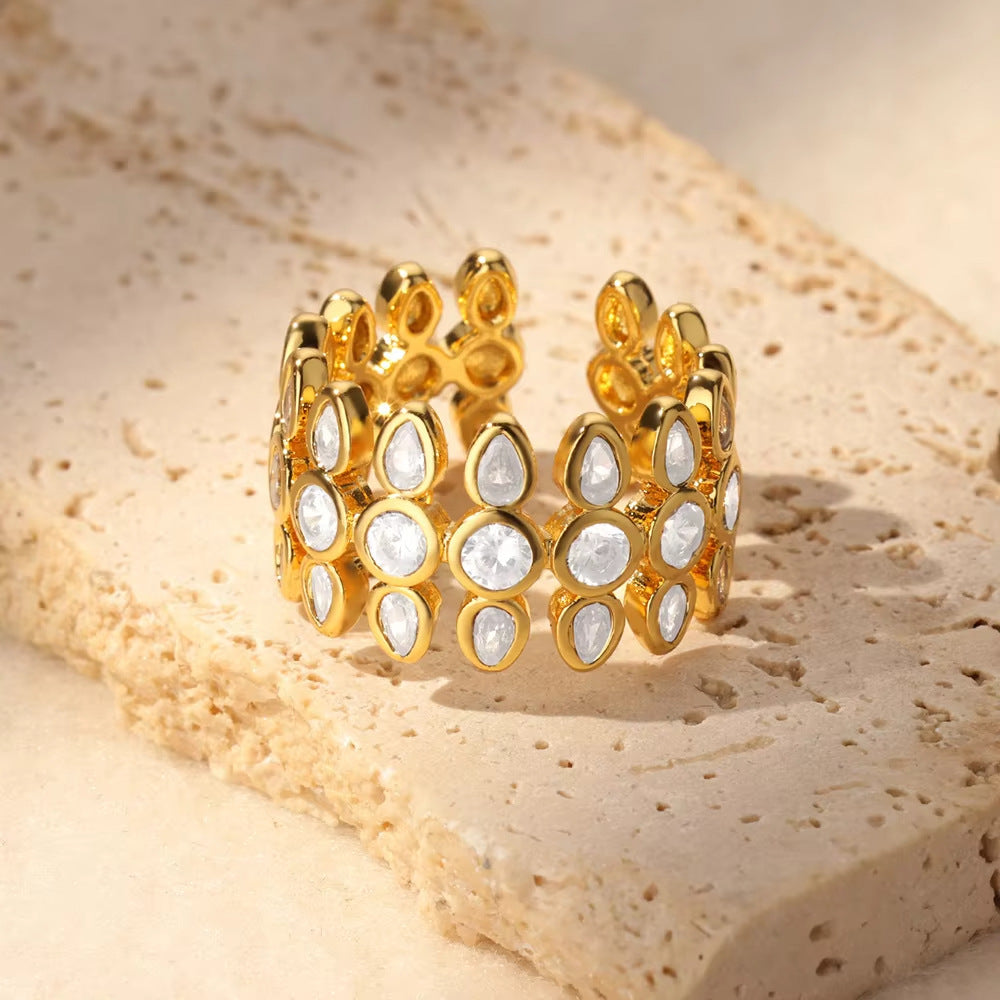Wholesale X-Shaped Stripesd Zircon Double Color Luxury Open Ring