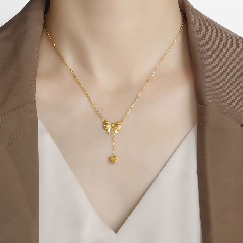 Wholesale Bow Heart Tassel Titanium Steel Necklace