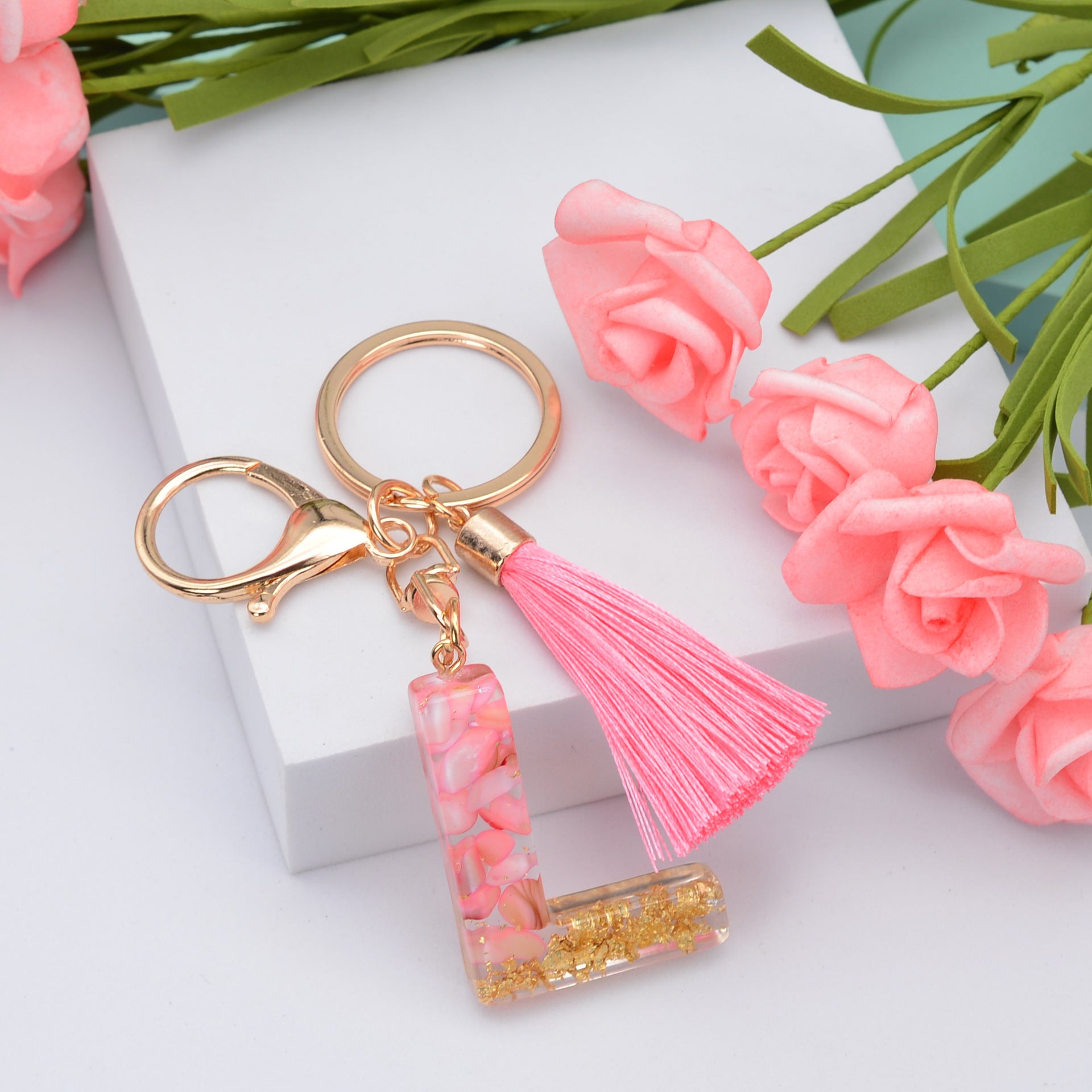 Wholesale Pink Tassel 26 Letter Crystal Resin Keychain