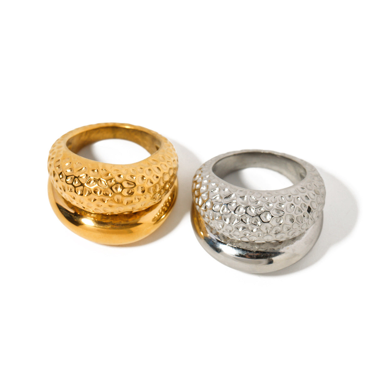 Wholesale Stainless Steel 18k Gold Plated Double Layer Hammered Glossy Stainless Steel Ring
