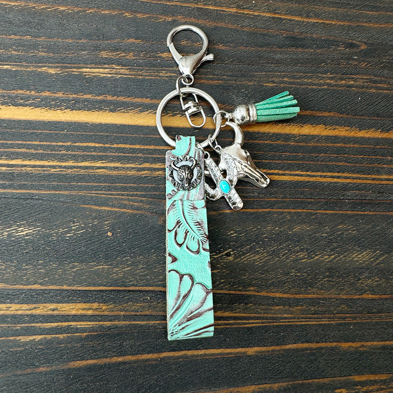 Wholesale Western Cowboy Vintage Genuine Leather Turquoise Cowhide Keychain