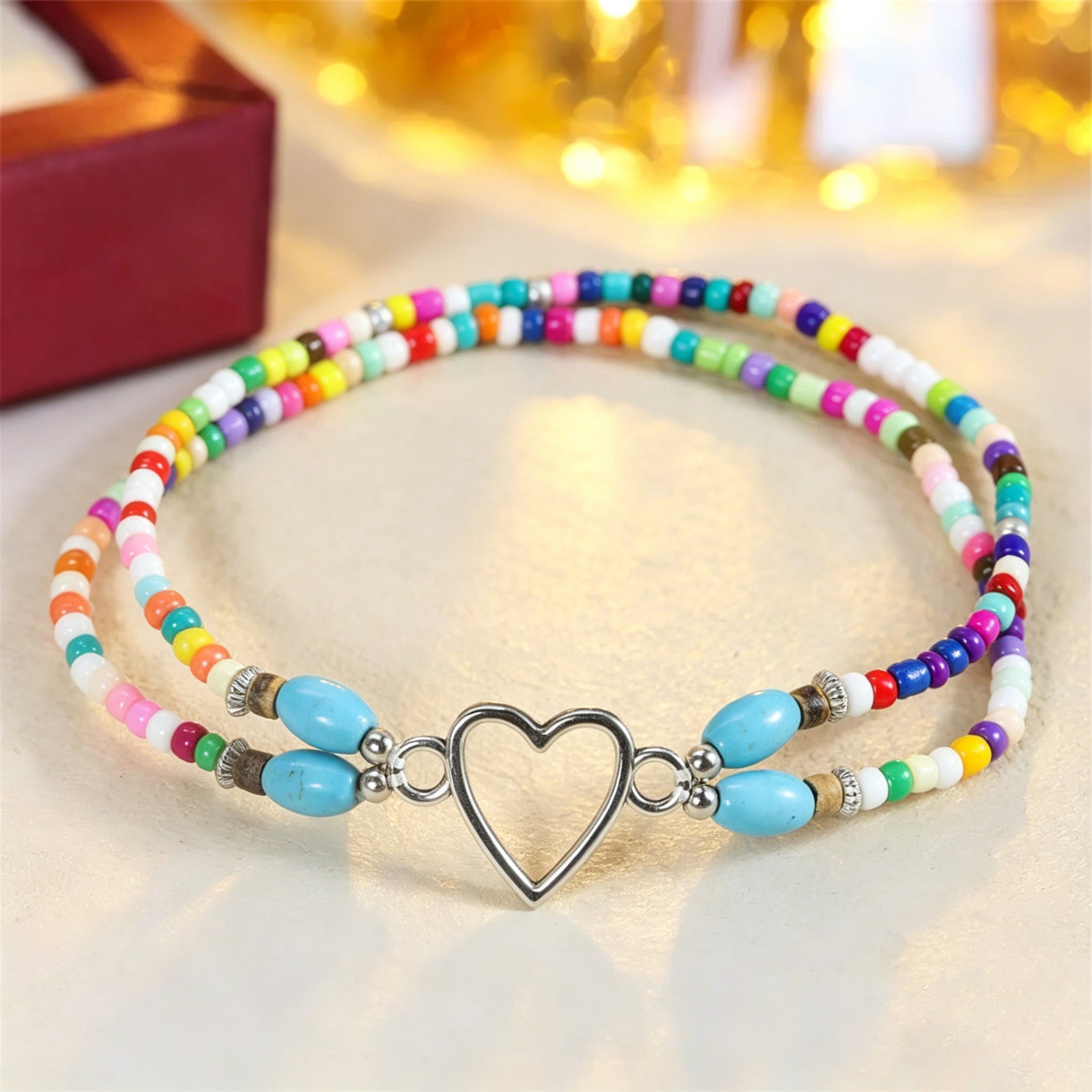 Wholesale Vacation Style Double Heart Beaded Elastic Ankle Bracelet Unisex Fashion Jewelry Accessory For Couples Gift And Boutique Resale