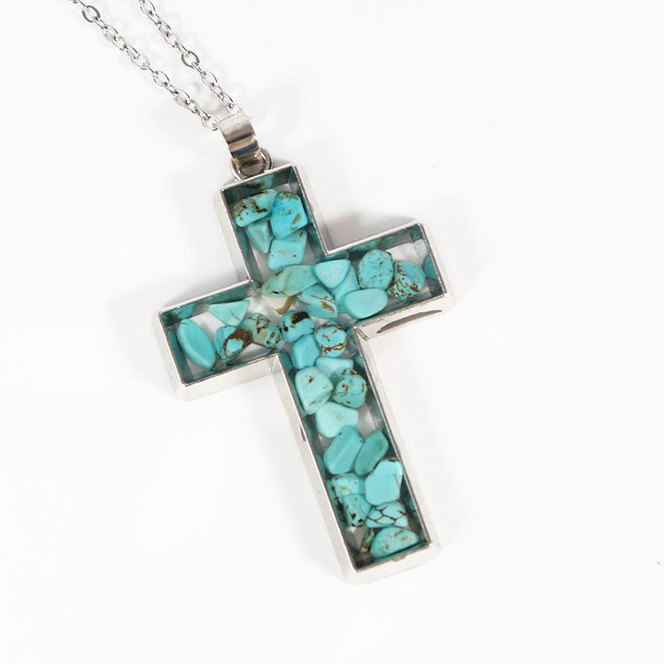Wholesale Natural Peacock Stone Cross Necklace