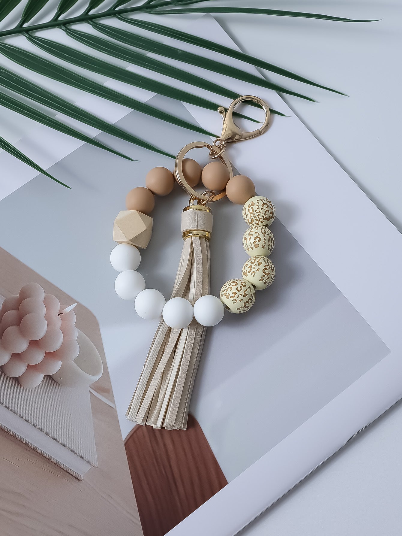 Wholesale Printed wooden bead bracelet with tassel wrist keychain