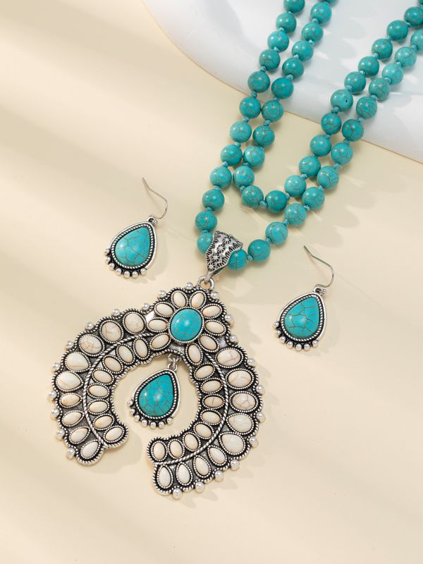 Wholesale Retro three-layer flower earrings turquoise earrings Western style exaggerated turquoise Buddha beads necklace jewelry set