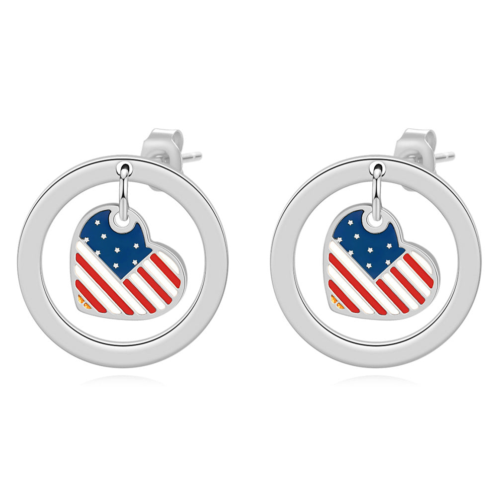 Wholesale  Independence Day Round Cut Out Heart Flag Three-Color Oil Drop Earrings