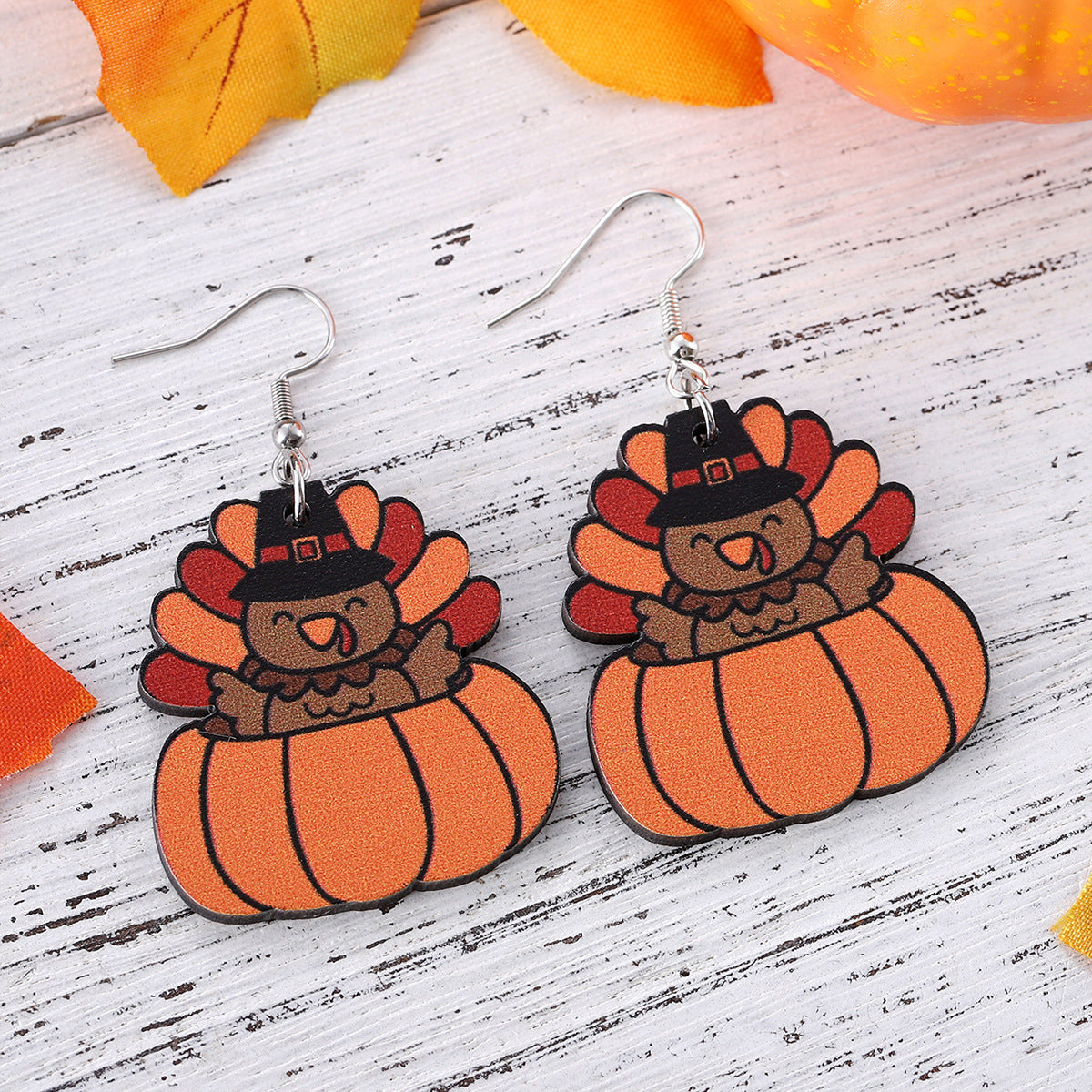 New Autumn Harvest Thanksgiving Turkey Pumpkin Funny Pendant Earrings Wooden Double-Sided Earrings Gift