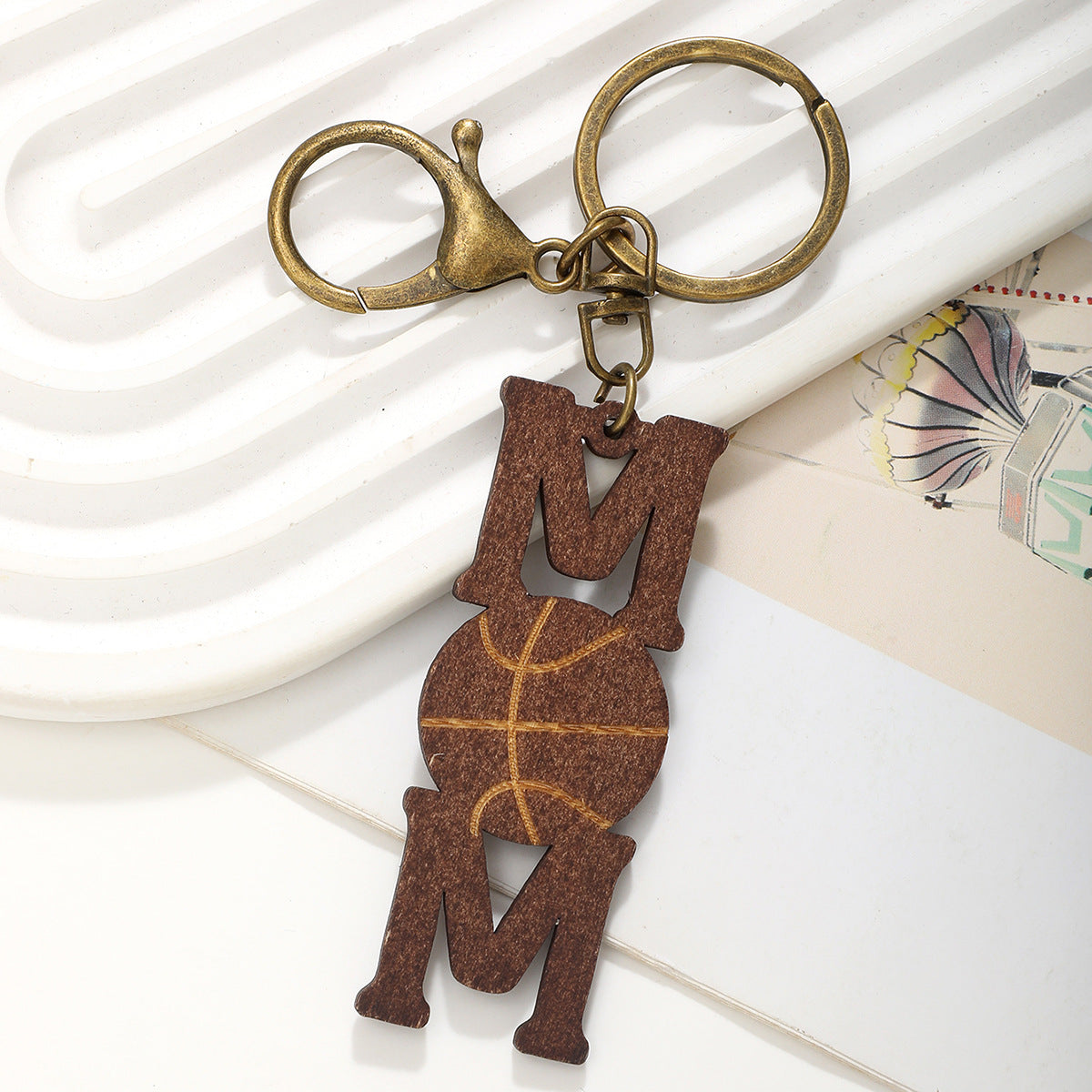 Wholesale Sports Style Ball Baseball Rugby MOM Wood Chip Vintage Keychain