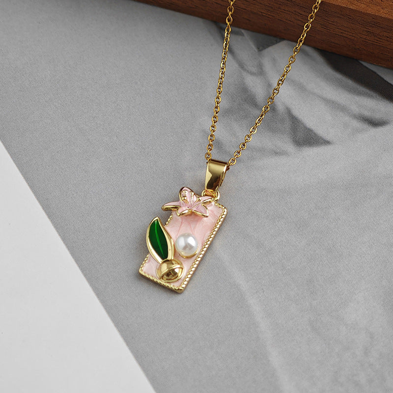 Wholesale Medieval Oil Painting Style Square Lily Necklace for Women French Retro Drip Glaze Design Clavicle Chain Exquisite High-End Necklace