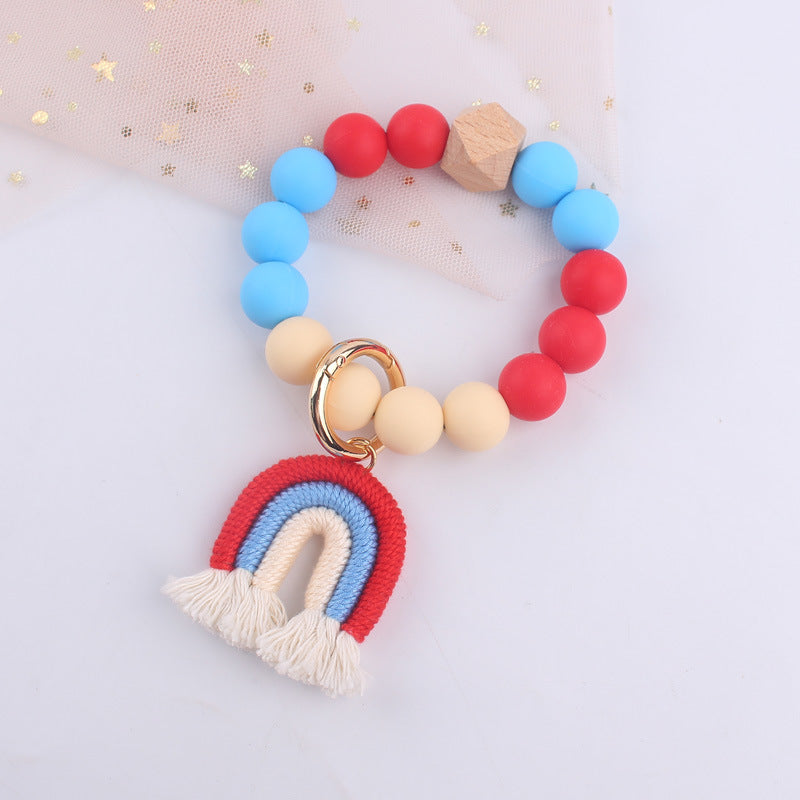 Wholesale Cartoon Colorful Rainbow Tassel Silicone Bead Wrist Keychain