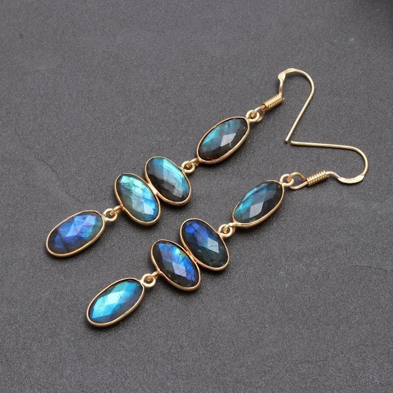 Wholesale Vintage Handmade Diamond-studded Long Style Gold Long Oval Blue Diamond Personality Earrings