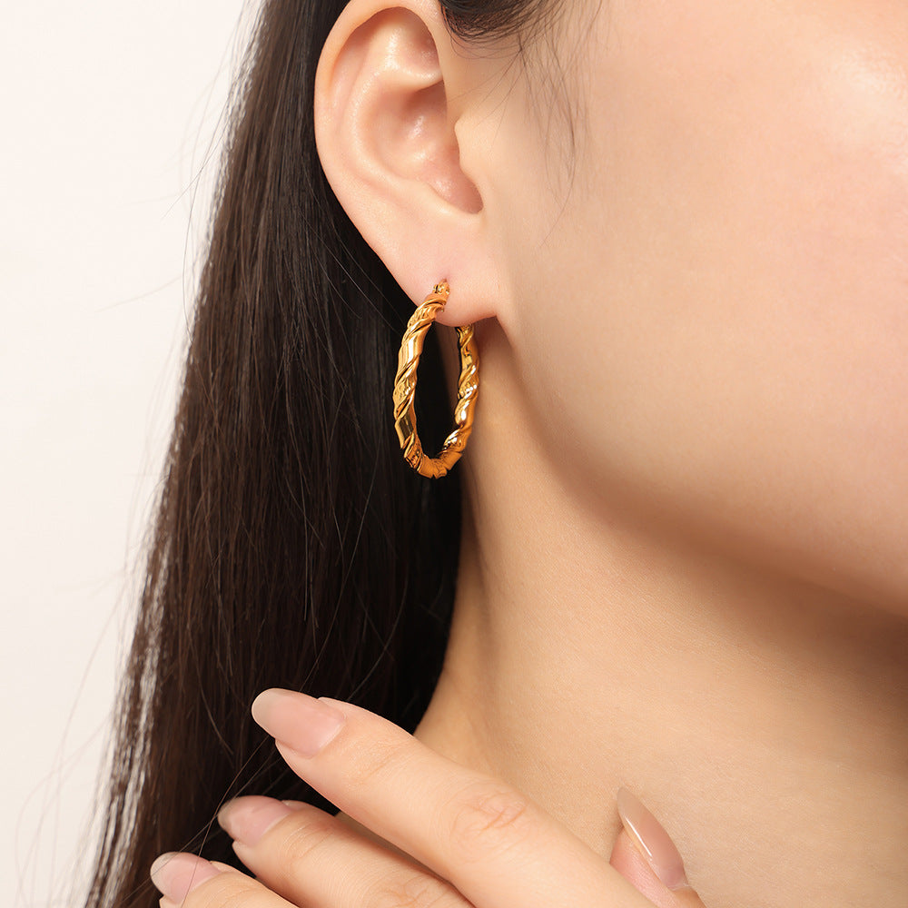 Wholesale Titanium Steel Gold Plated Hemp Pattern Large Earrings