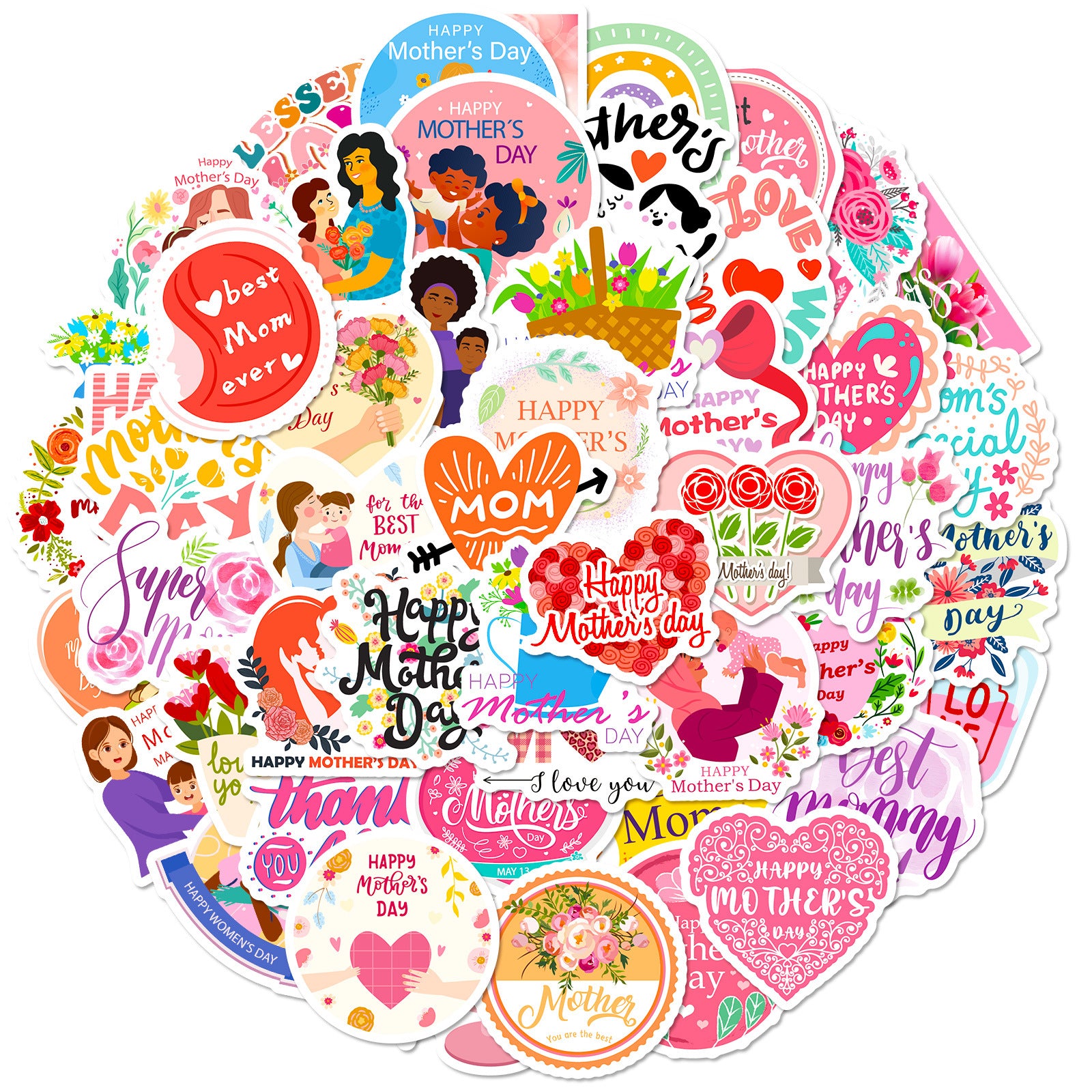 Wholesale 50pcs I LOVE YOU MOM Stickers Happy Mother's Day Mom Flower Bouquet Baking Cake Label Stickers