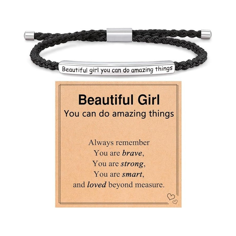 Wholesale Stainless steel bent tube inspirational text adjustable woven bracelet