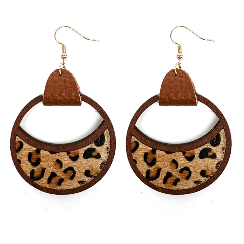 Wholesale Western Leather Circular Geometric Hollow Inlaid with Leopard Print Classic Exaggerated Earrings