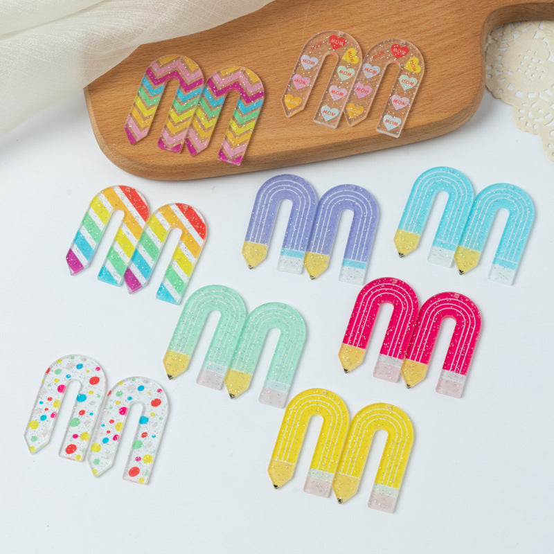 Wholesale 10pcs Contrast Print Pencil Acrylic Stripe Love Heart Accessories FlatBack