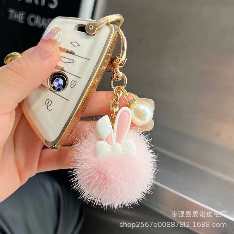 Wholesale Pink and white cute furball rabbit keychain