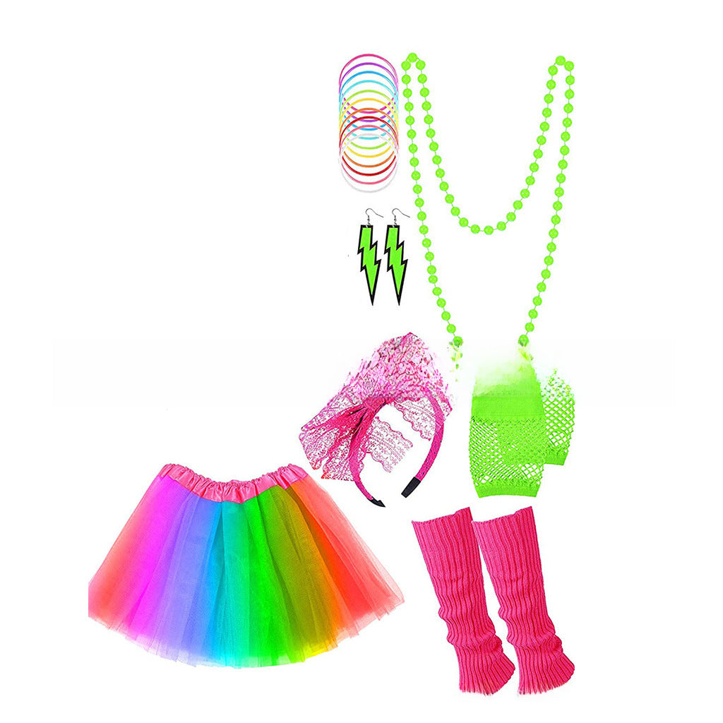 Wholesale 80s Neon Theme Ball Party Accessories Lace Bow Tie Necklace Lightning Earrings Tulle Skirt Suit