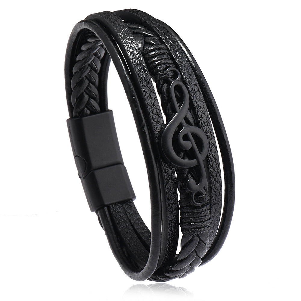Wholesale Music symbol leather multi-layer magnetic buckle men' s bracelet