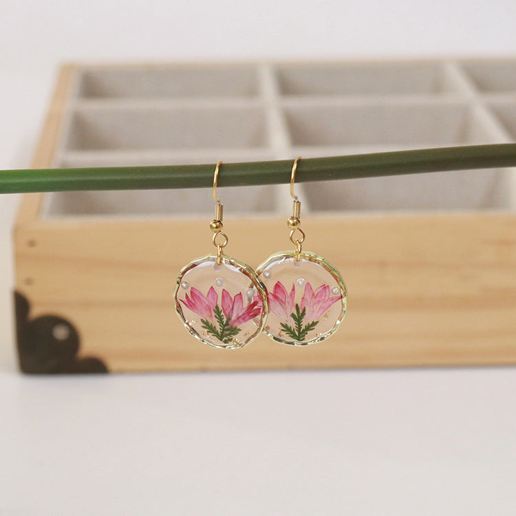 Wholesale new 6pcs/pack resin dried flower irregular round gold earrings creative real flower fashion earrings