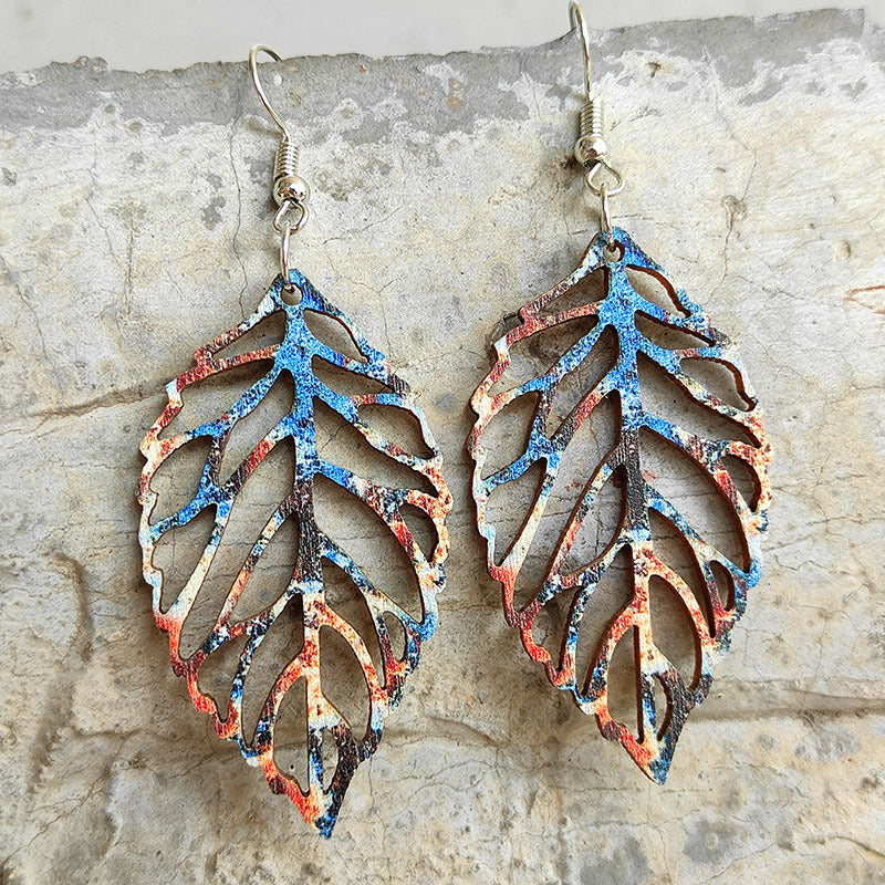 Wholesale Colorful Bohemian retro distressed hollow leaf wood earrings