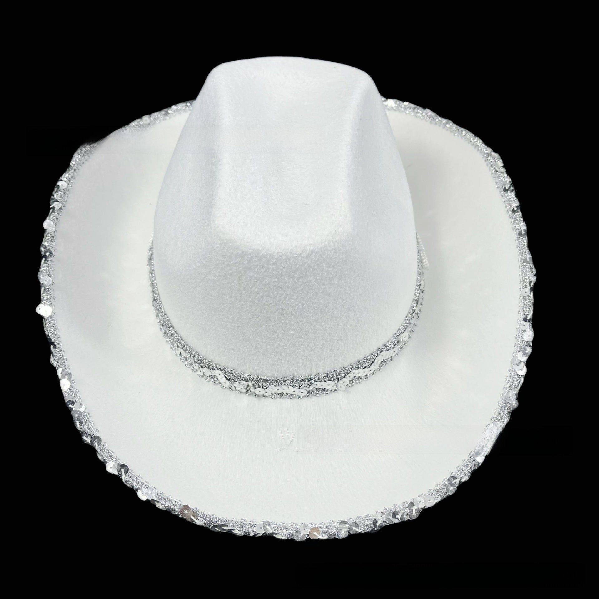 Wholesale Mardi Gras White Silver Trim Sequined Cowboy Hat