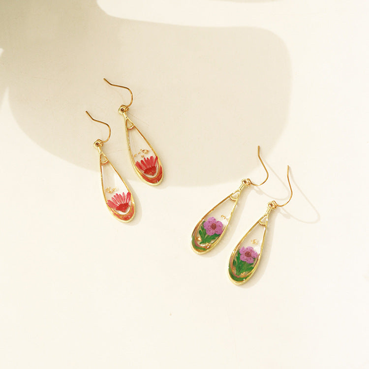 Wholesale 6pcs/pack fashion modern dried flower earrings eternal flower earrings Gold-Plated Retro real flower earrings