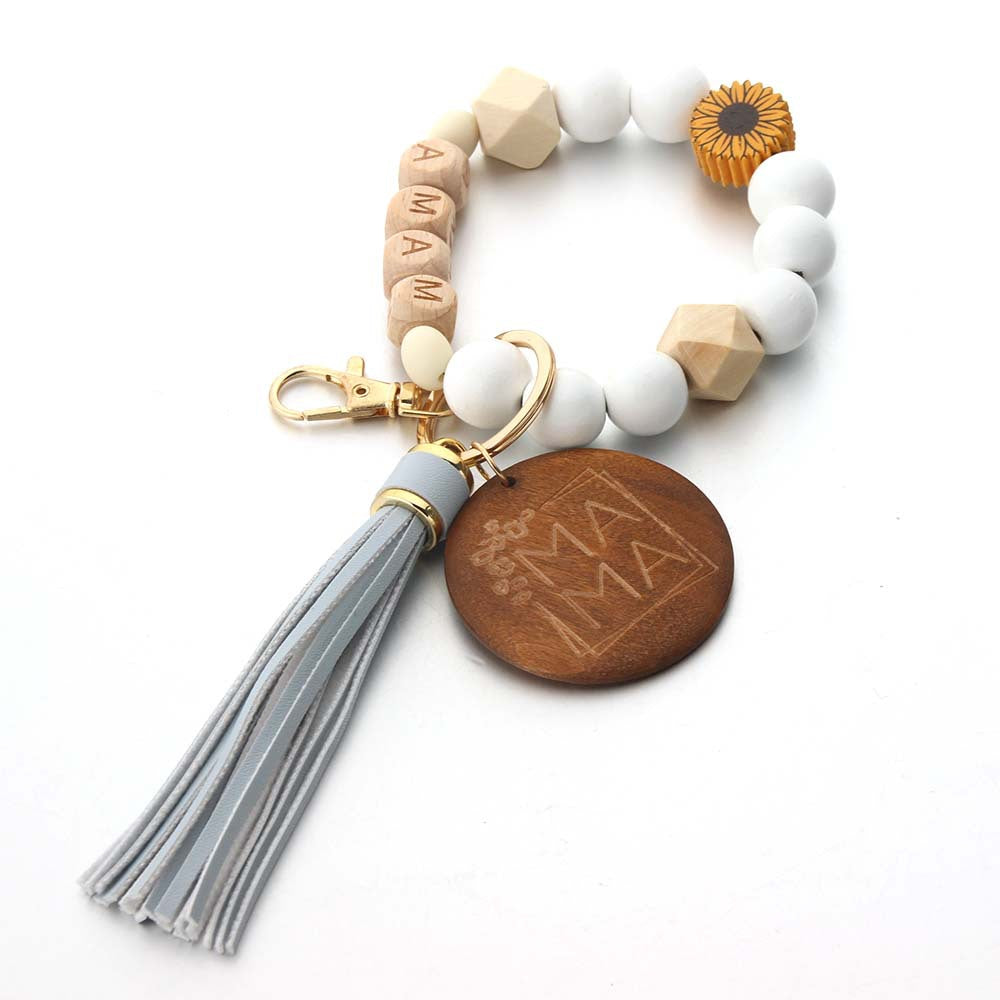 Wholesale Silicone Wooden Beads Leather Tassel MAMA Wrist Keychain