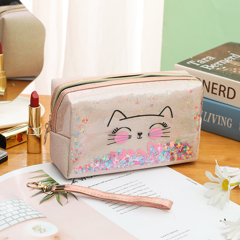 Wholesale Cat cartoon cosmetic bag quicksand pencil case cosmetic bag