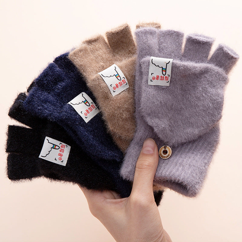 Wholesale Plush Autumn and Winter Half Finger Flip Warm Knitted Wool Gloves