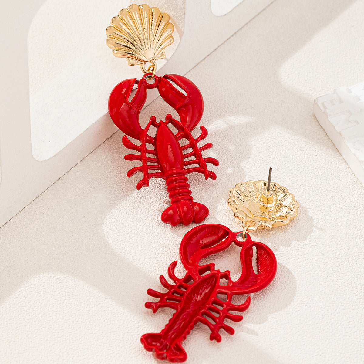 Wholesale Marine Life Series Red Lacquered Lobster Metal Shell Earrings