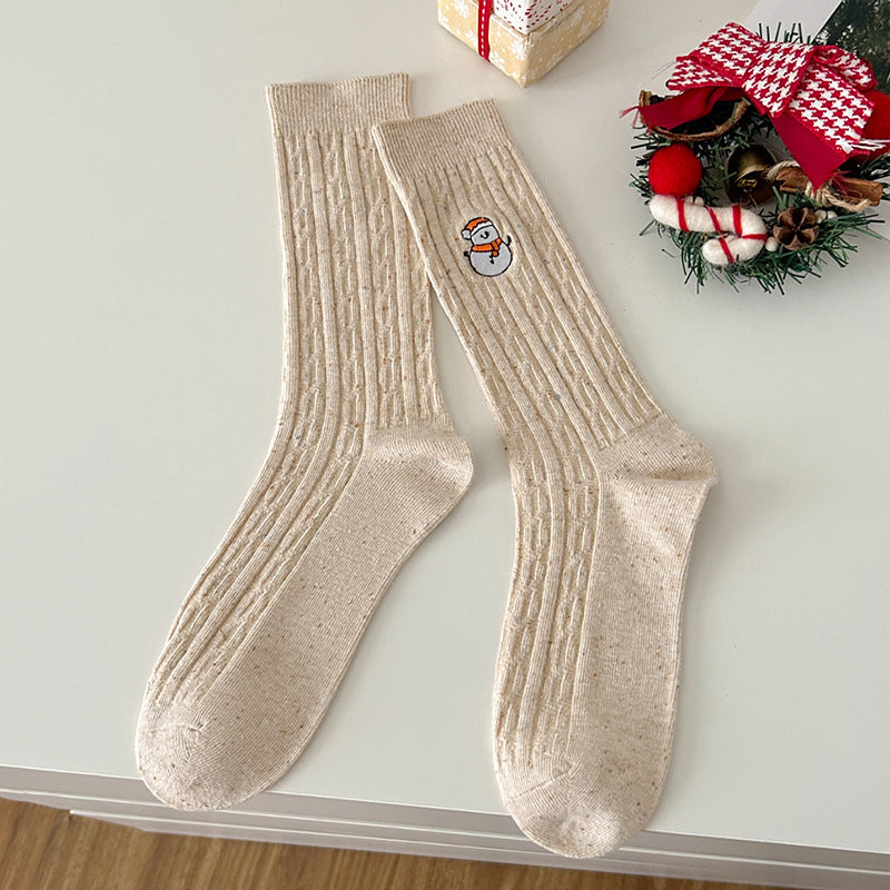 Wholesale Mid Tube Autumn and Winter Fried Dough Twists Pattern Christmas Socks Snowman Embroidery Versatile Socks