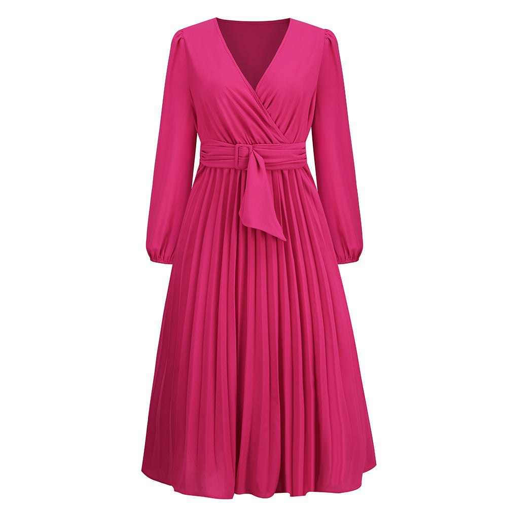 Wholesale Long Sleeve Slim Fit Pleated Belted V-neck Dress