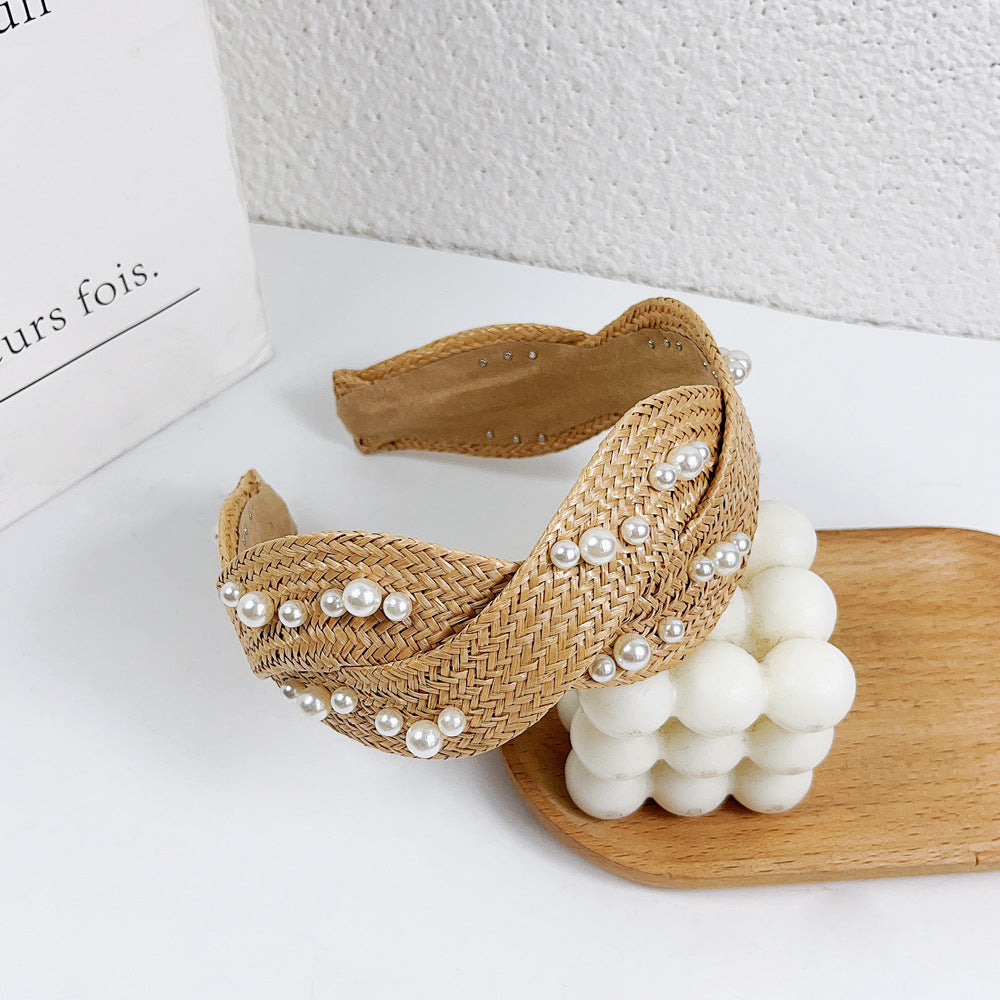 Wholesale 2023 Raffia Braided Pearl Cross Headband
