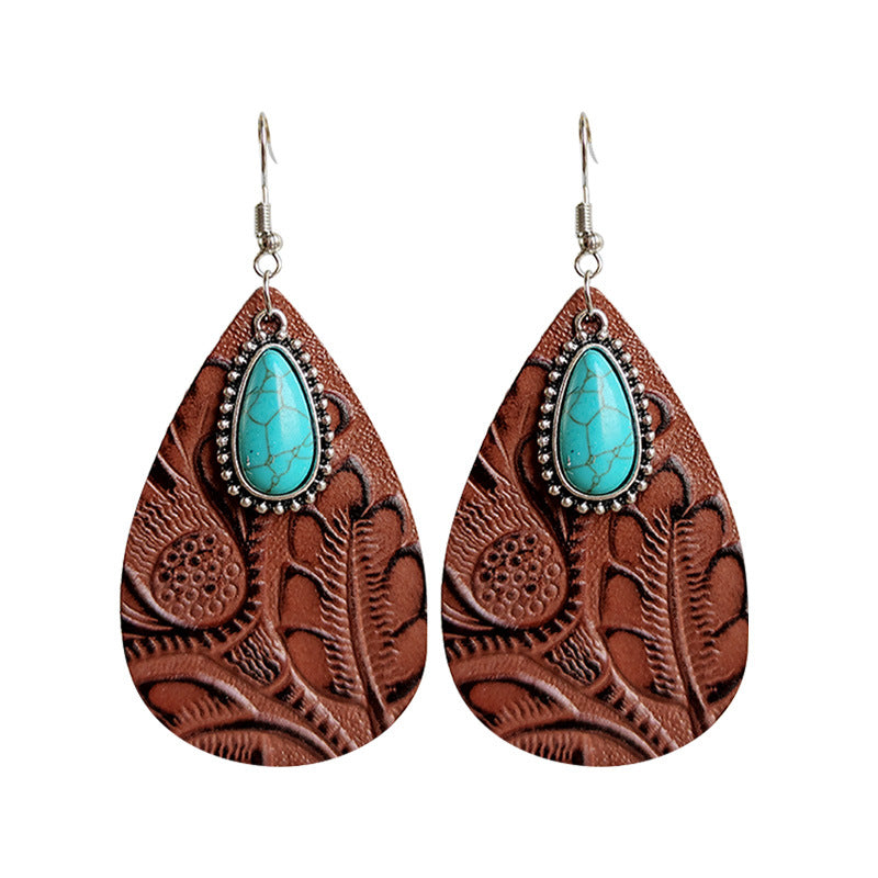 Wholesale Western Style Teardrop Turquoise Leather Earrings Fashion Jewelry Accessory Gift
