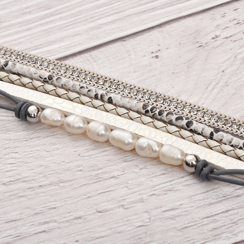 Wholesale Freshwater Pearl Cowhide Rope Bracelet with Diamond Multi-layer Magnet Buckle
