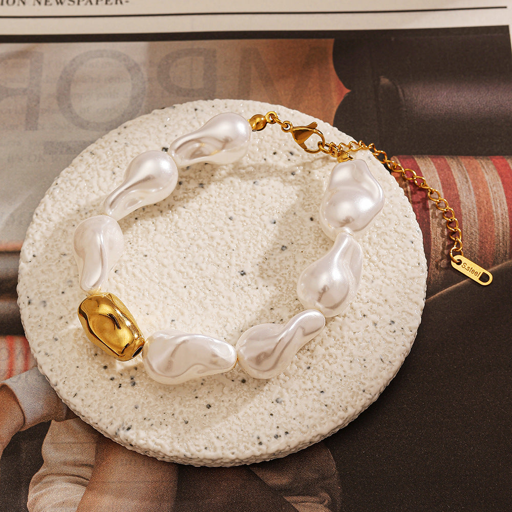 Wholesale Stainless Steel Bracelet Baroque Pearl Fashionable Gold Plated Bracelet