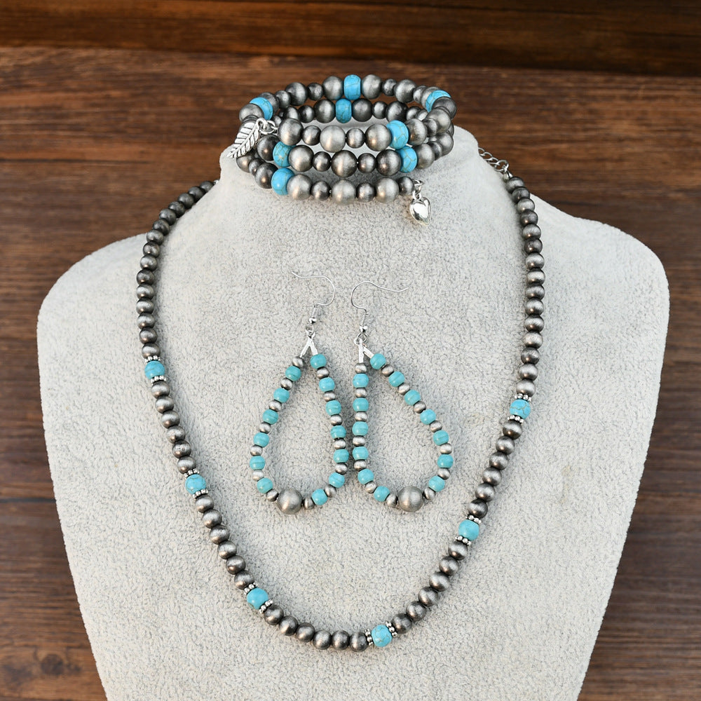 Wholesale Vintage Antique Pewter Beaded Necklace Bracelet Drop Shaped Earrings Jewelry Set