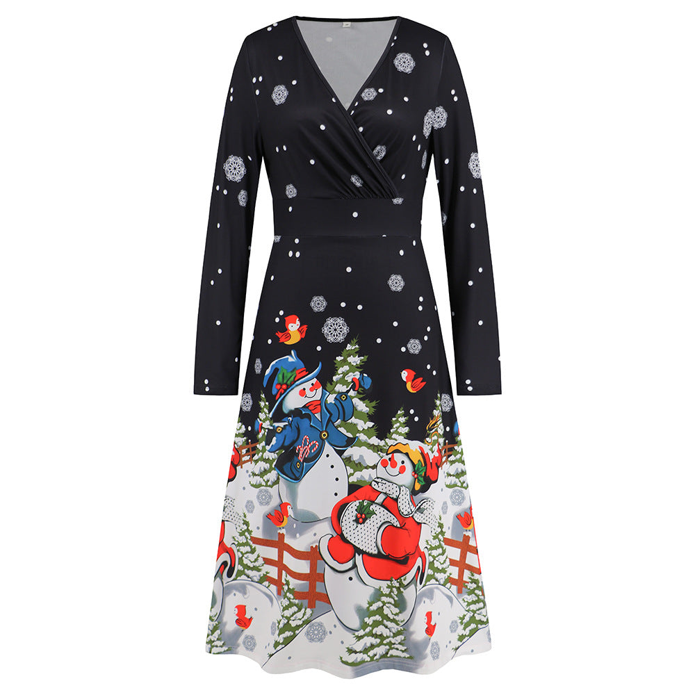 Wholesale Women's V Neck Long Sleeve Christmas Printed Dress