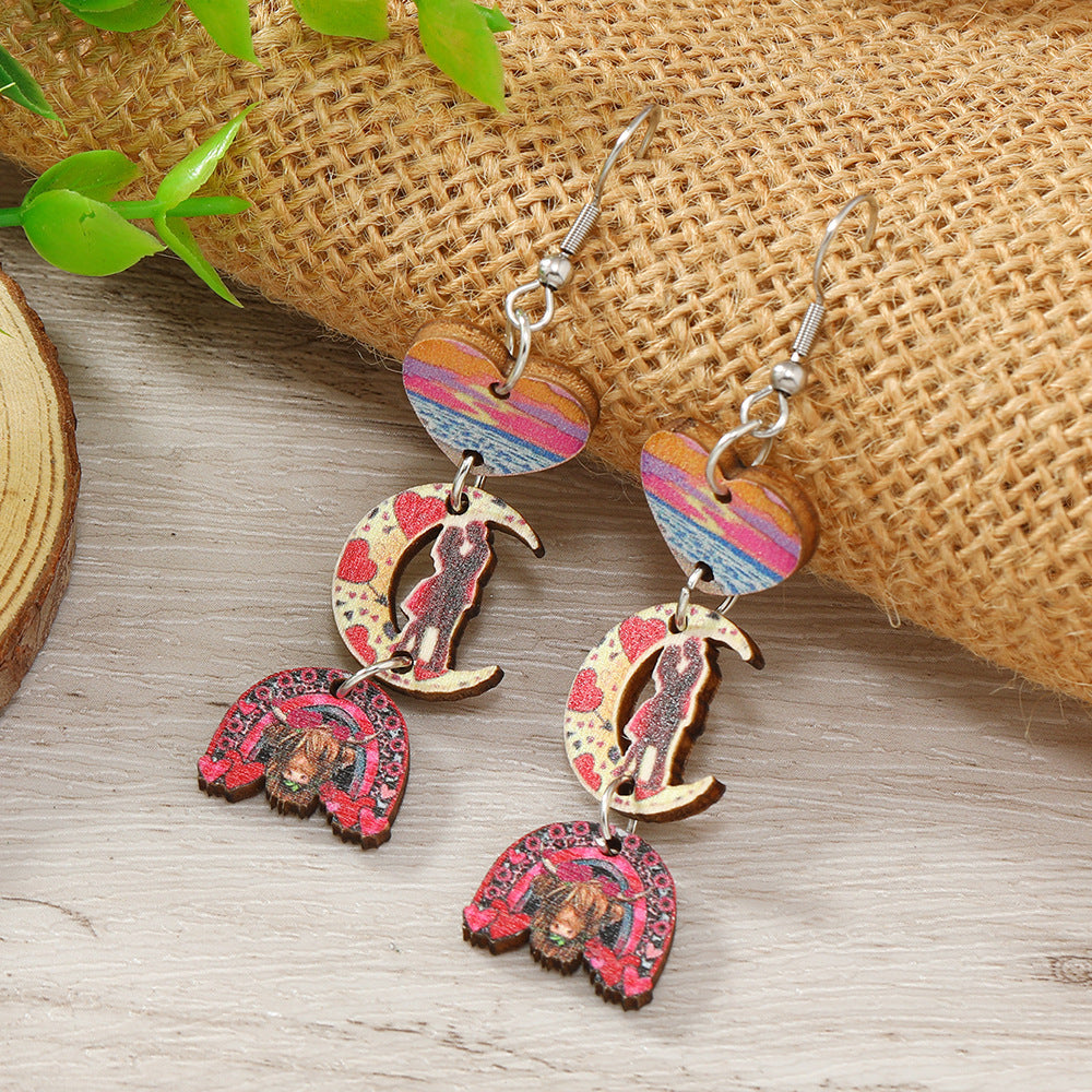 Wholesale Valentine's Day Printed Love Moon Wooden Earrings