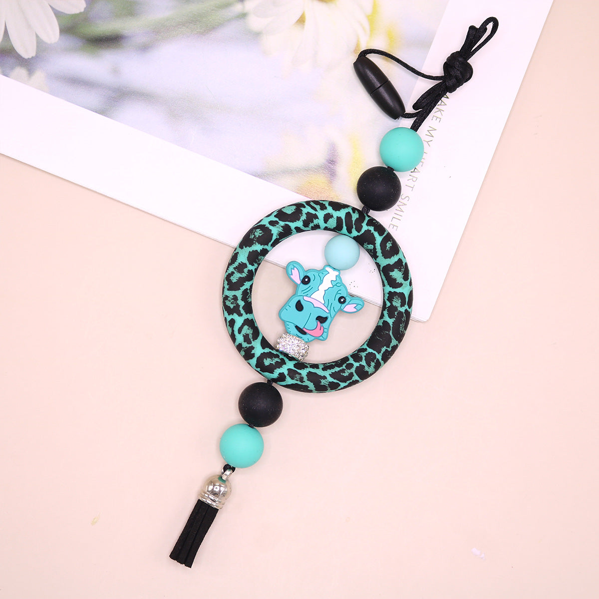 Wholesale Silicone Ring Keychain Christmas Cow Head Cross Flower Bead Pendant