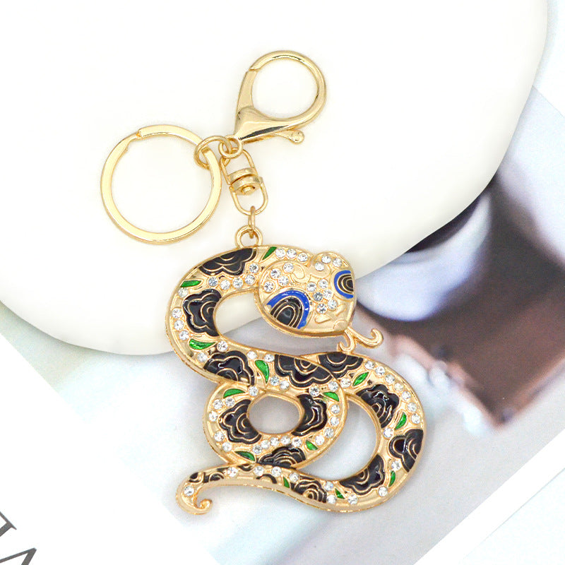 Wholesale Chinese Style Pattern Small Snake Crystal Keychain Zodiac Series Snake Backpack Pendant Alloy Rhinestone