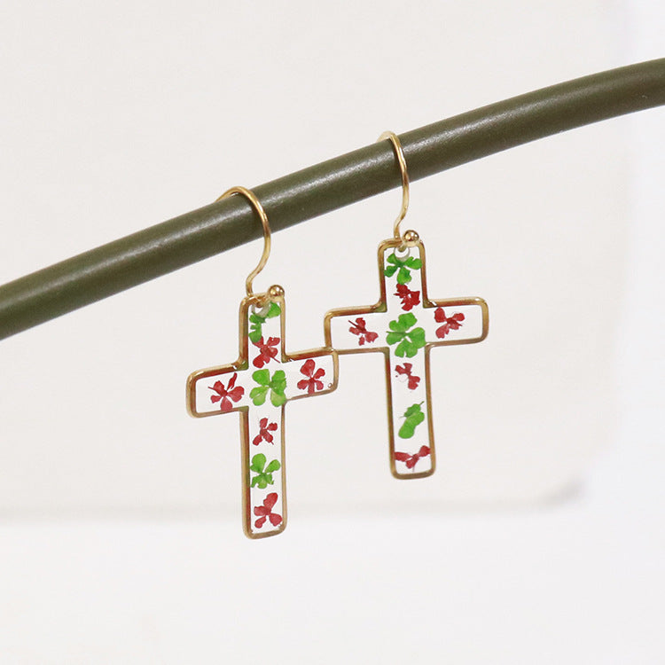 Wholesale 6pcs Resin Natural Dried Flower Cross Earrings