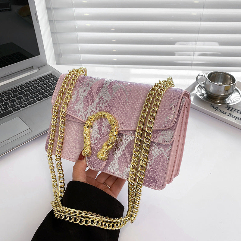 Wholesale Glittered Snakeskin Gold Chain Cross-body Bag with Double Compartment Flap