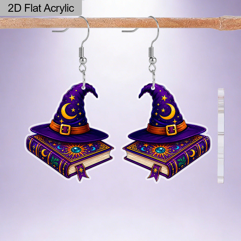 Wholesale Acrylic  Witch Hat Spell Book Earrings Purple Moon Star Print Jewelry Accessory For Party Wear Gift