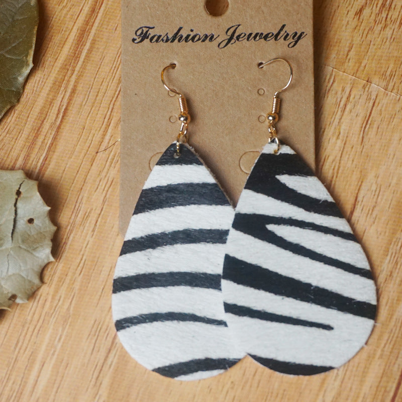 Wholesale 2pcs Cow Grain Leather Top Layer Cowhide Round Water Droplet Cow Head Retro Horsehair Quality Texture Fashionable Earrings